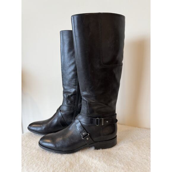 Nine West Women’s 10 Blogger Harness Riding Boots Mid Calf Black Leather Preppy - Picture 1 of 13